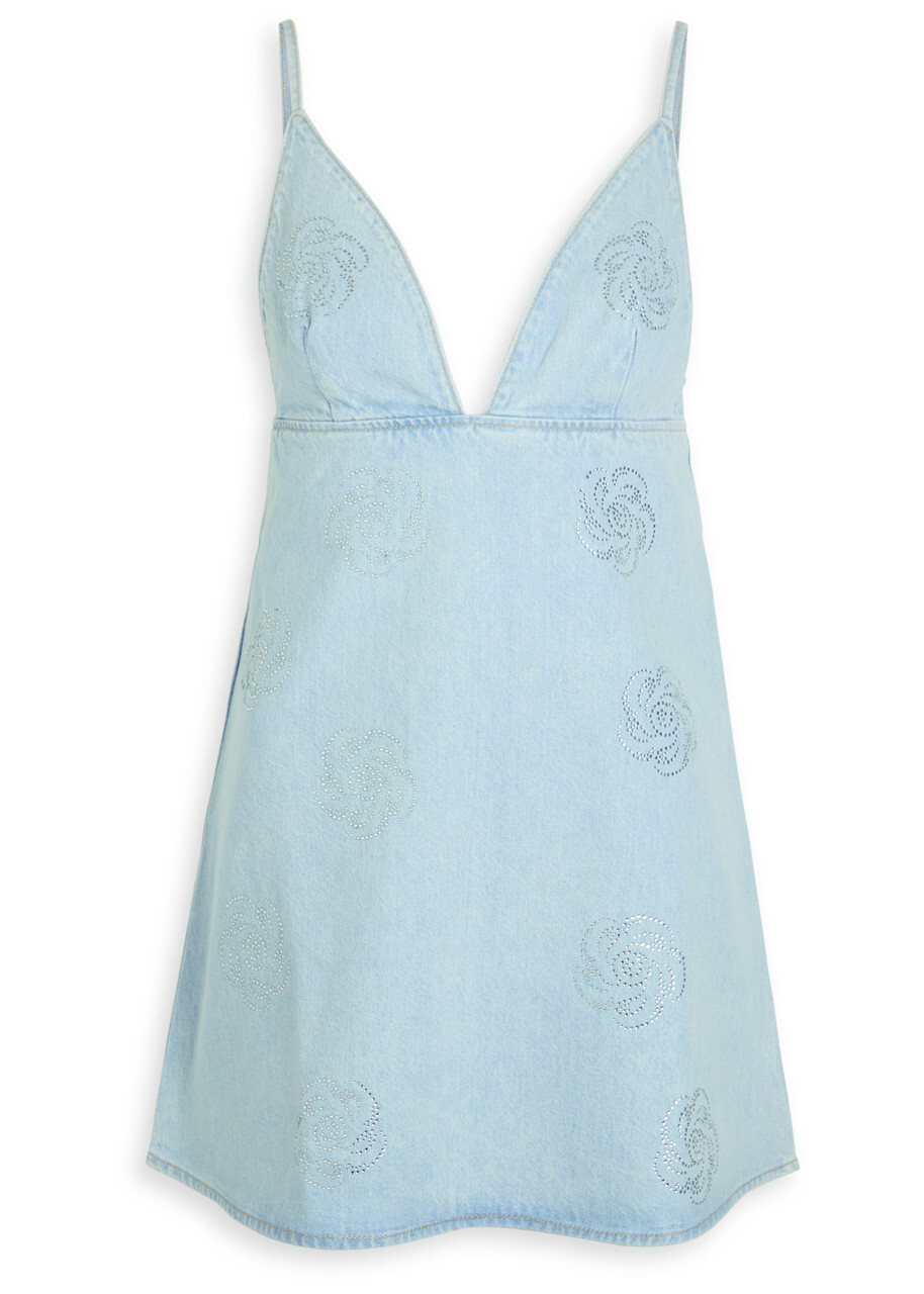 Rotate Sunday Crystal-embellished Denim Mini Dress Light Blue