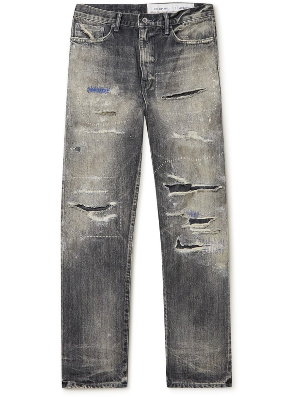 Photo: Neighborhood - Straight-Leg Embroidered Distressed Denim Jeans - Gray