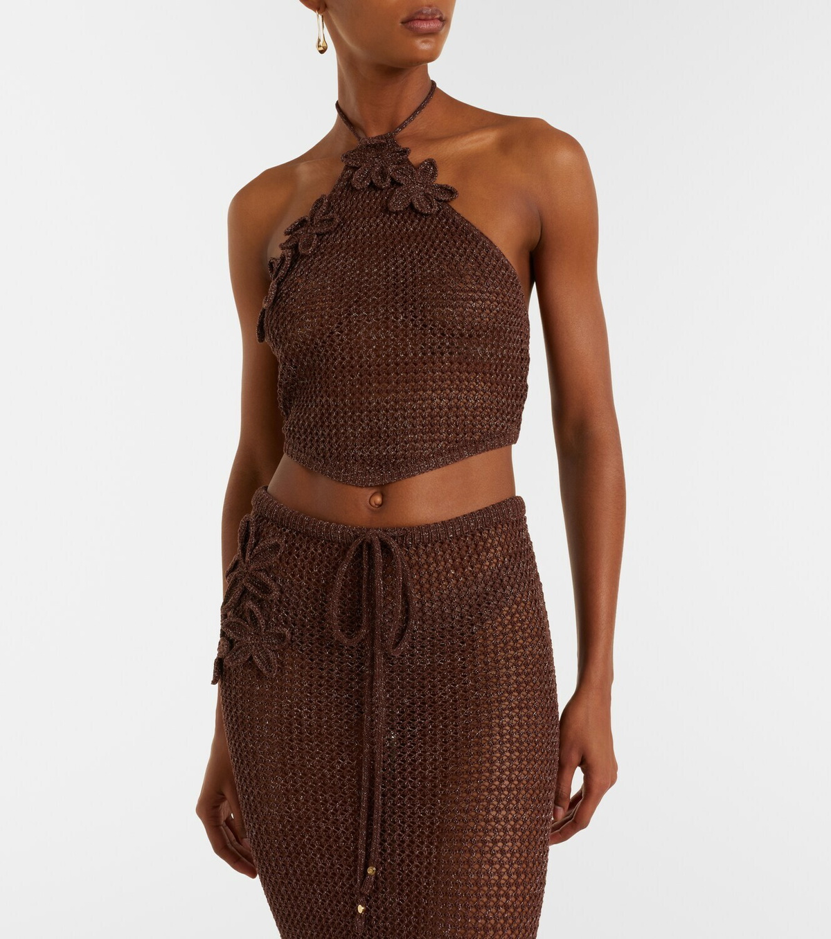 Bananhot Cori open-knit halterneck lamé crop top