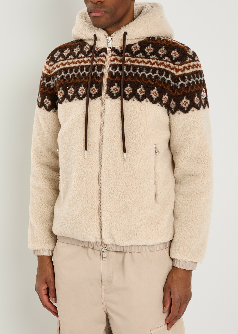Moncler Felpa Aperta Hooded Teddy Fleece Jacket Ecru