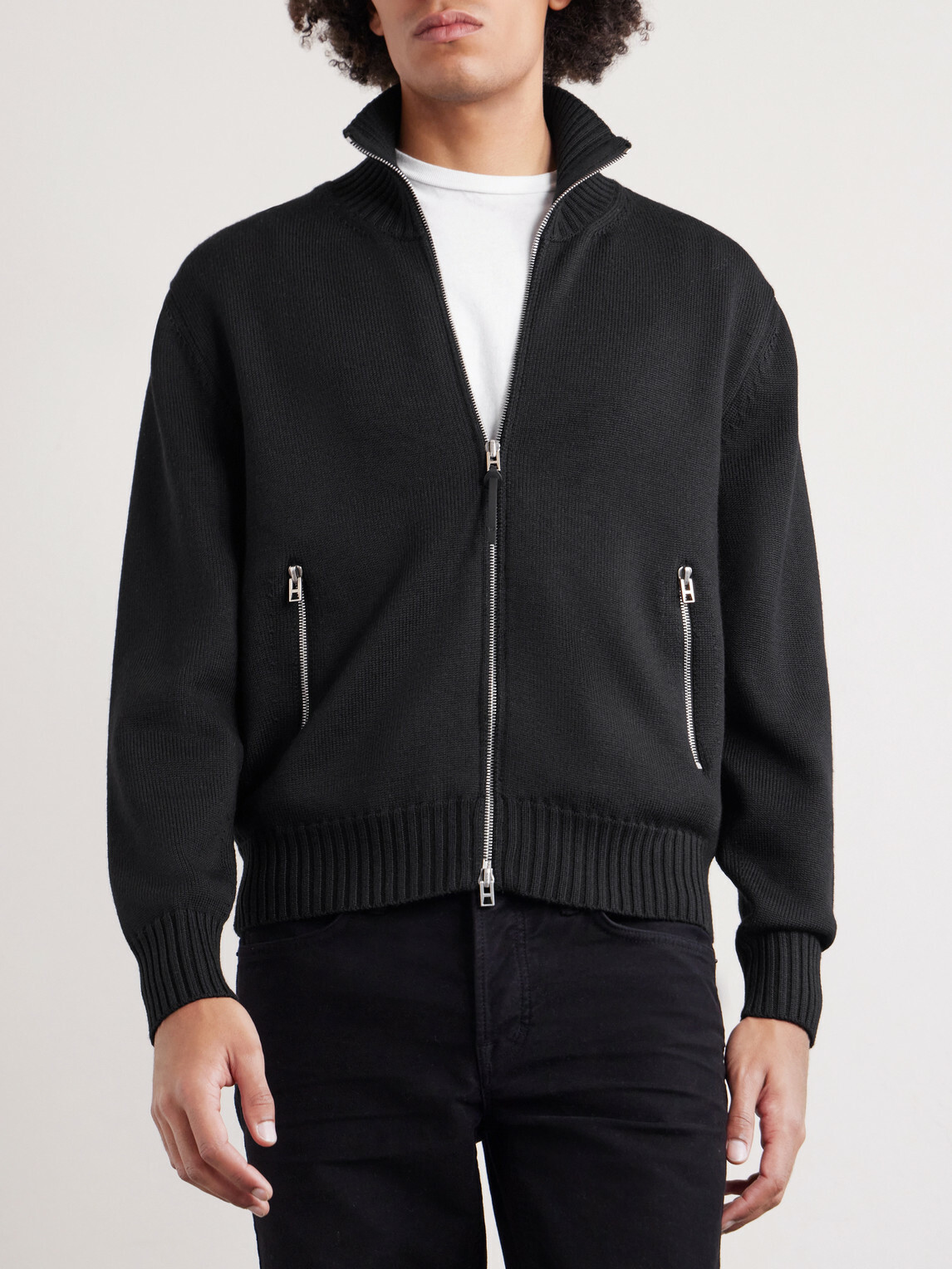 TOM FORD - Leather-Trimmed Merino Wool Cardigan - Black