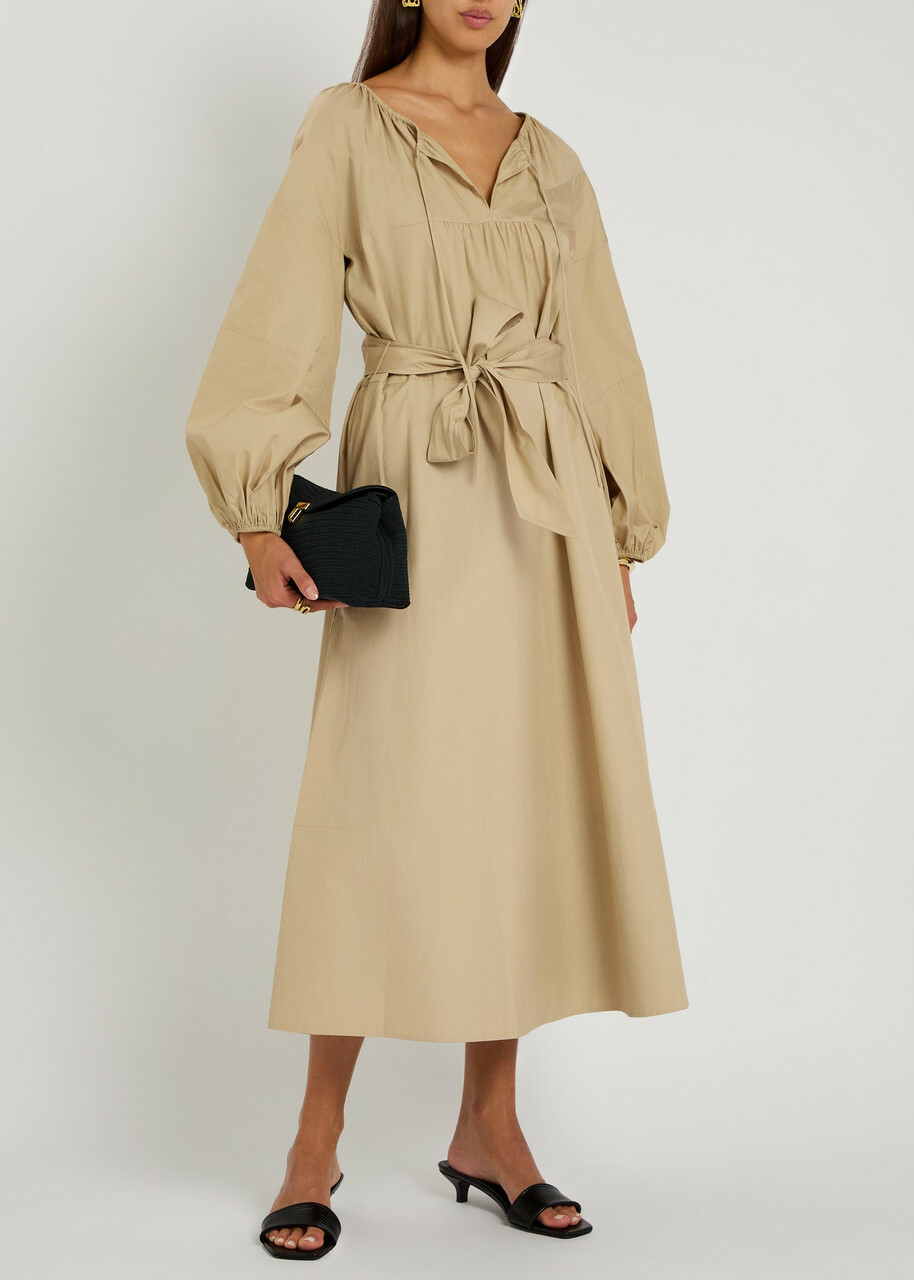 Vince Belted Cotton-poplin Midi Dress Beige
