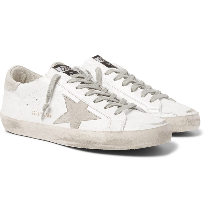 Photo: Golden Goose - Superstar Distressed Patent-Leather and Suede Sneakers - White