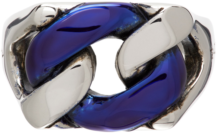 Photo: Alexander McQueen Silver & Blue Chrome Chain Ring