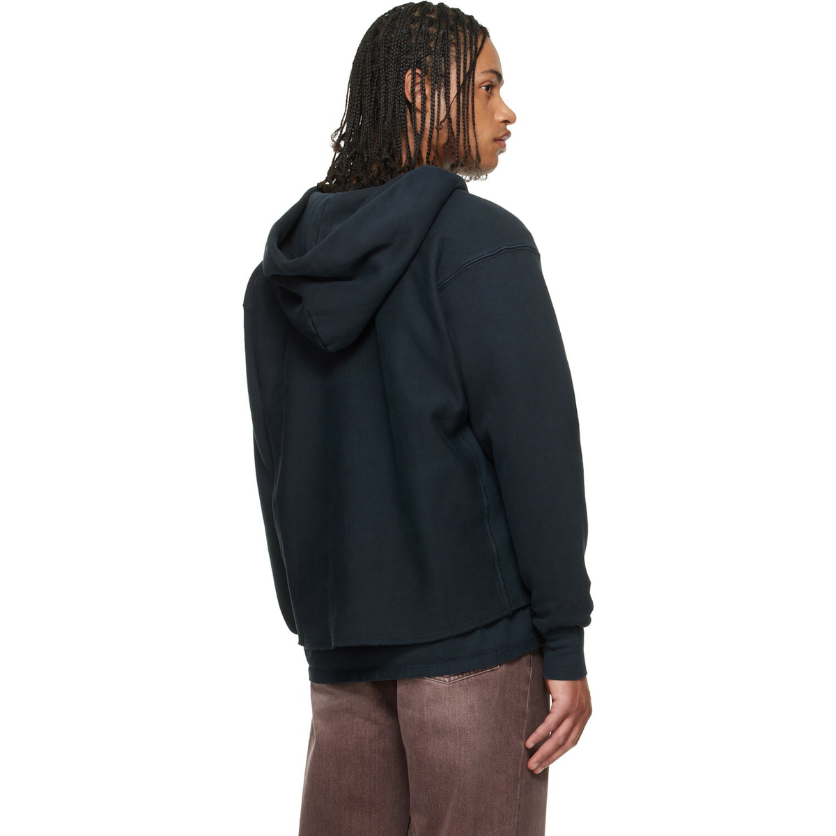 Les Tien Black Heavyweight Raw Cropped Hoodie