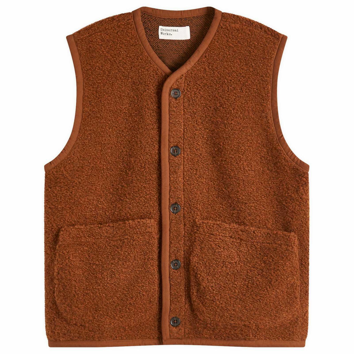 Universal Works Men's Boucle Alvar Fleece Lancaster Gilet in Brown