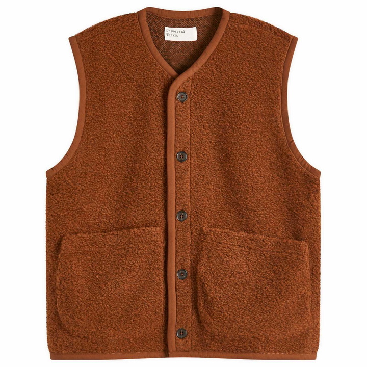 Photo: Universal Works Men's Boucle Alvar Fleece Lancaster Gilet in Brown