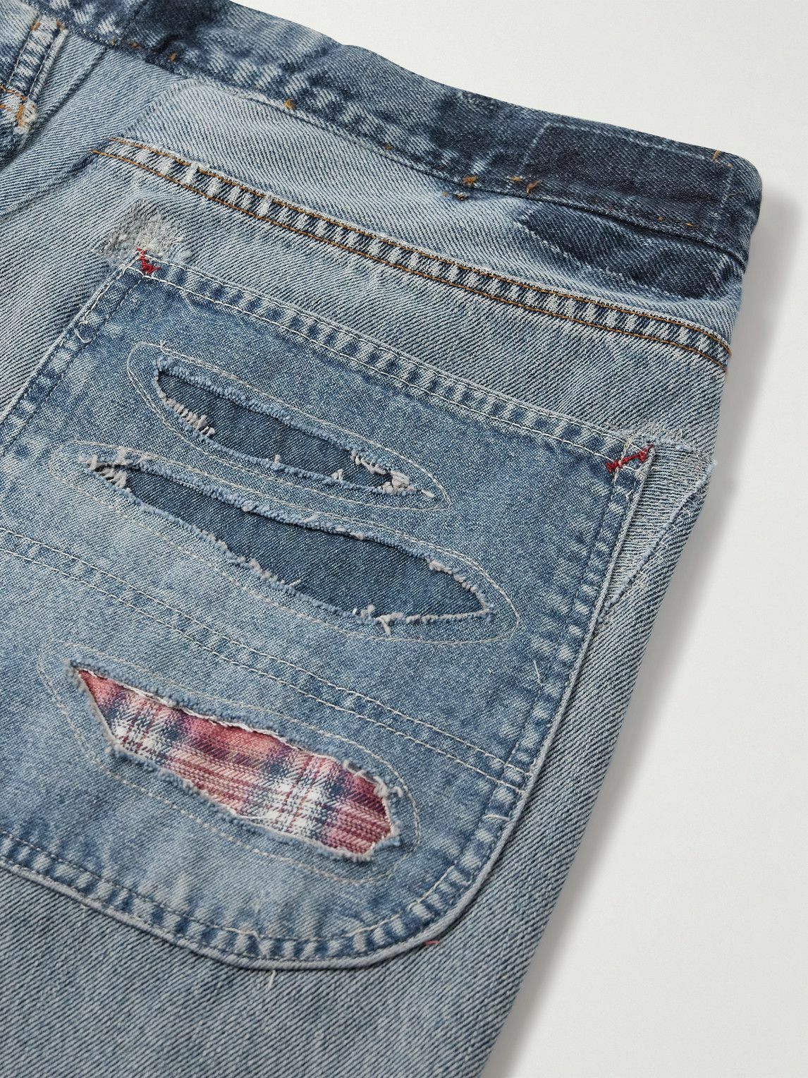 Greg Lauren - Slim-Fit Tapered Flannel Patchwork Jeans - Blue