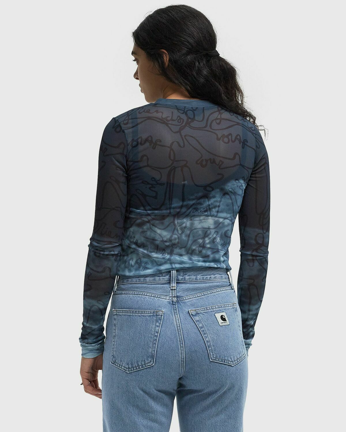 ØLÅF SCRIPT AOP MESH TOP LS Blue Womens Longsleefe