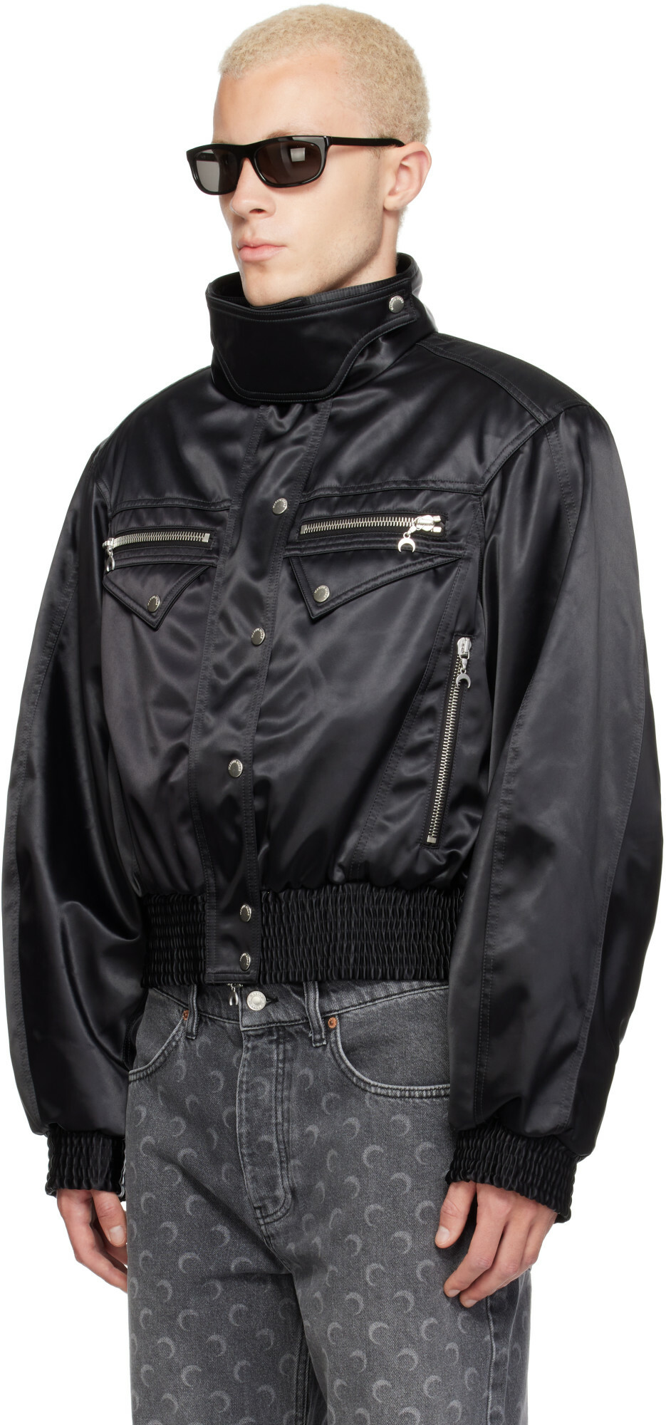 Marine Serre Black Satin Nylon Bomber Jacket