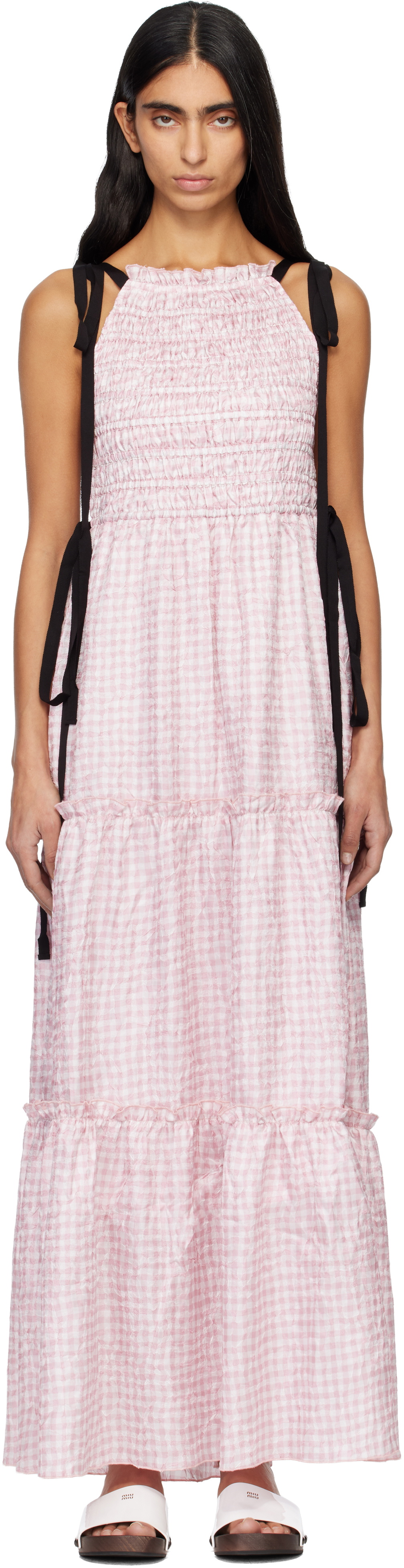 GANNI Pink Shibori Pleat Smock Maxi Dress