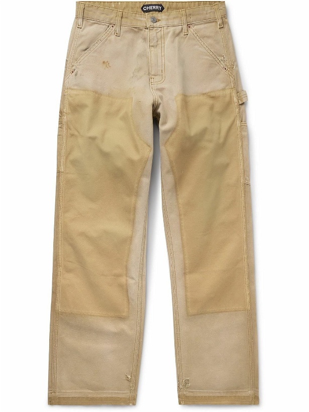 Photo: CHERRY LA - Straight-Leg Distressed Cotton-Canvas Trousers - Brown
