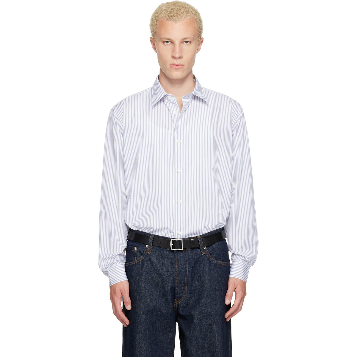 Burberry White & Blue Relaxed Fit Striped Cotton Shirt