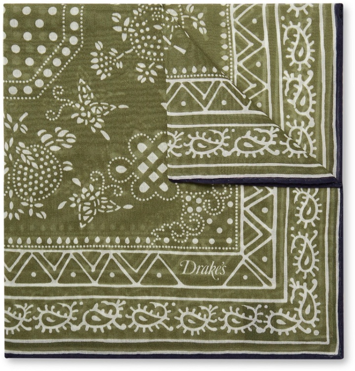 Photo: Drake's - Printed Cotton and Silk-Blend Pocket Square - Green
