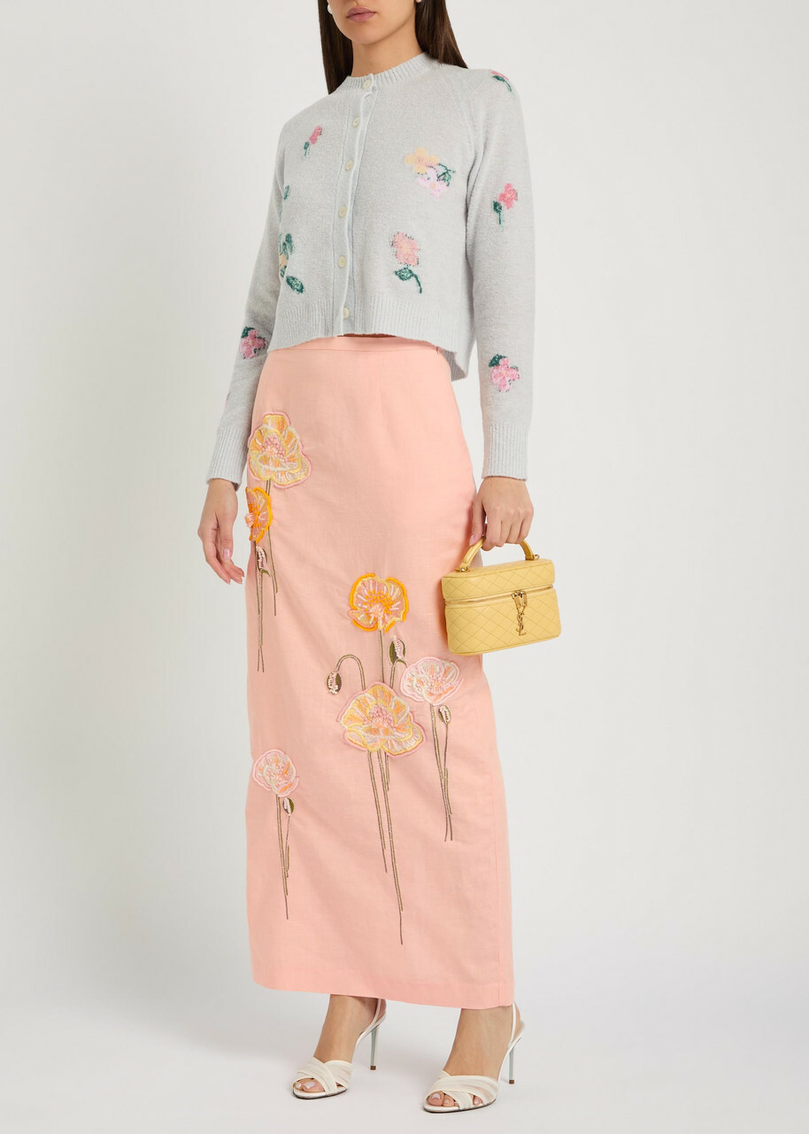 Bernadette Norma Floral-embroidered Cotton and Linen-blend Midi Skirt Pink