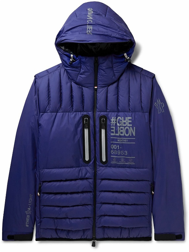 Photo: Moncler Grenoble - Monthey Logo-Print Quilted Ripstop Hooded Down Ski Jacket - Blue