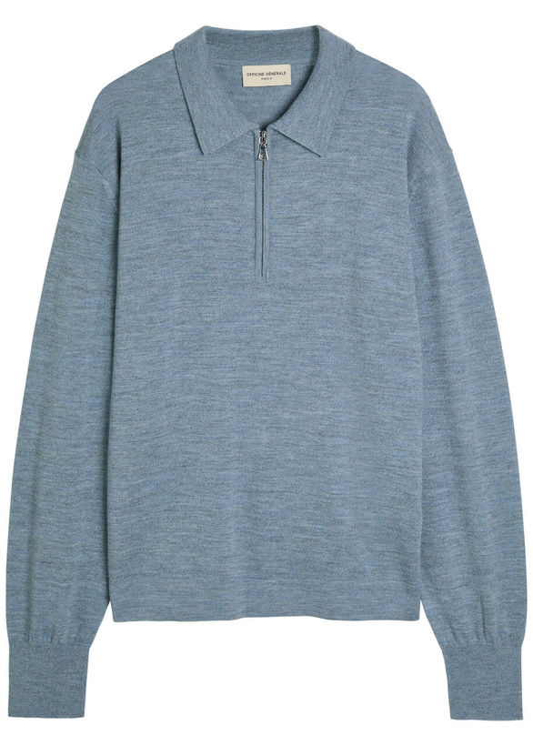 Photo: Officine Générale Melange Merino Wool Polo Jumper Blue