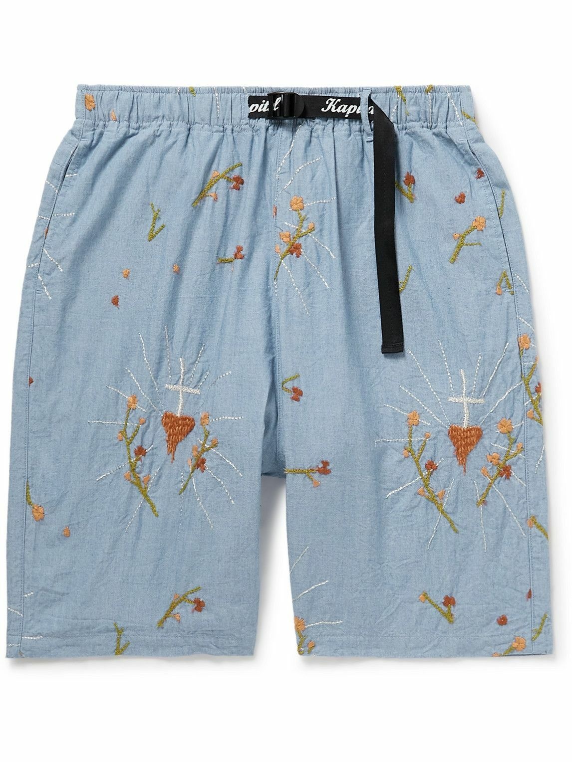 Photo: KAPITAL - Wide-Leg Belted Embroidered Cotton-Chambray Bermuda Shorts - Blue