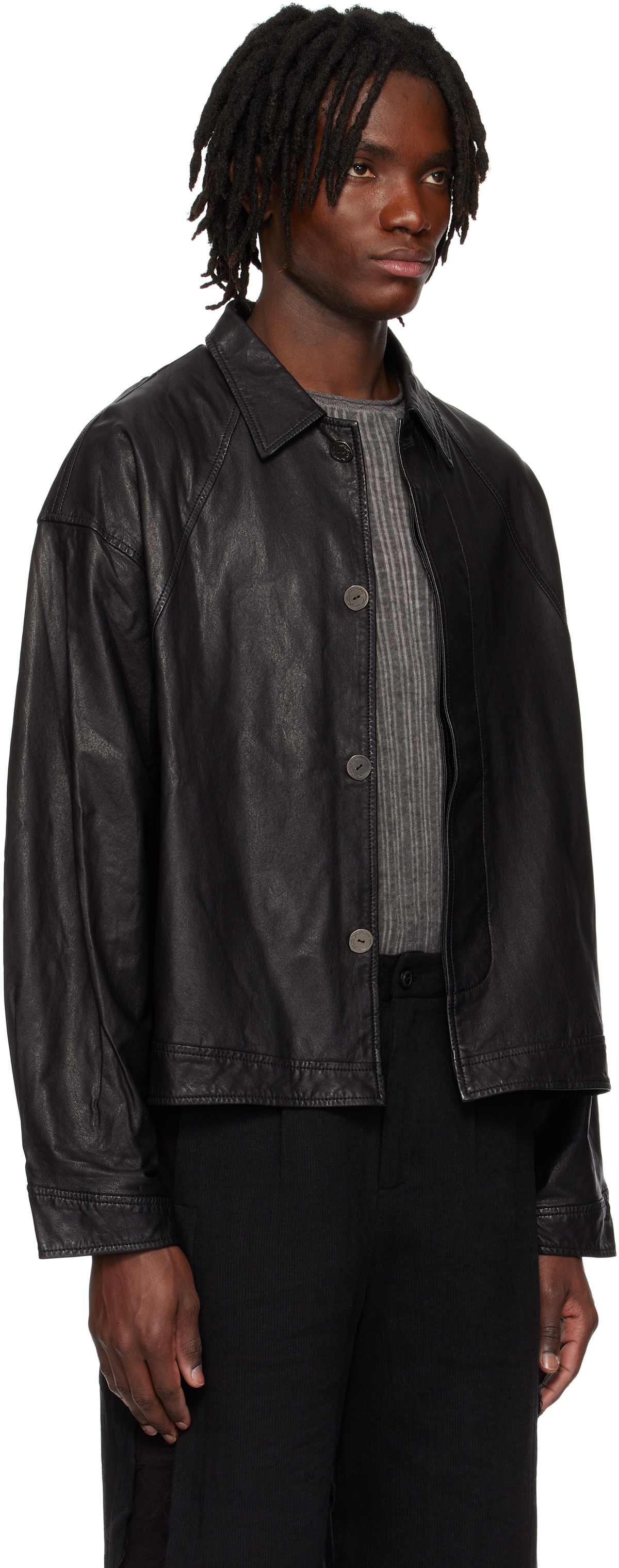 Professor.E Black E Cropped Washed Leather Jacket Professor.E