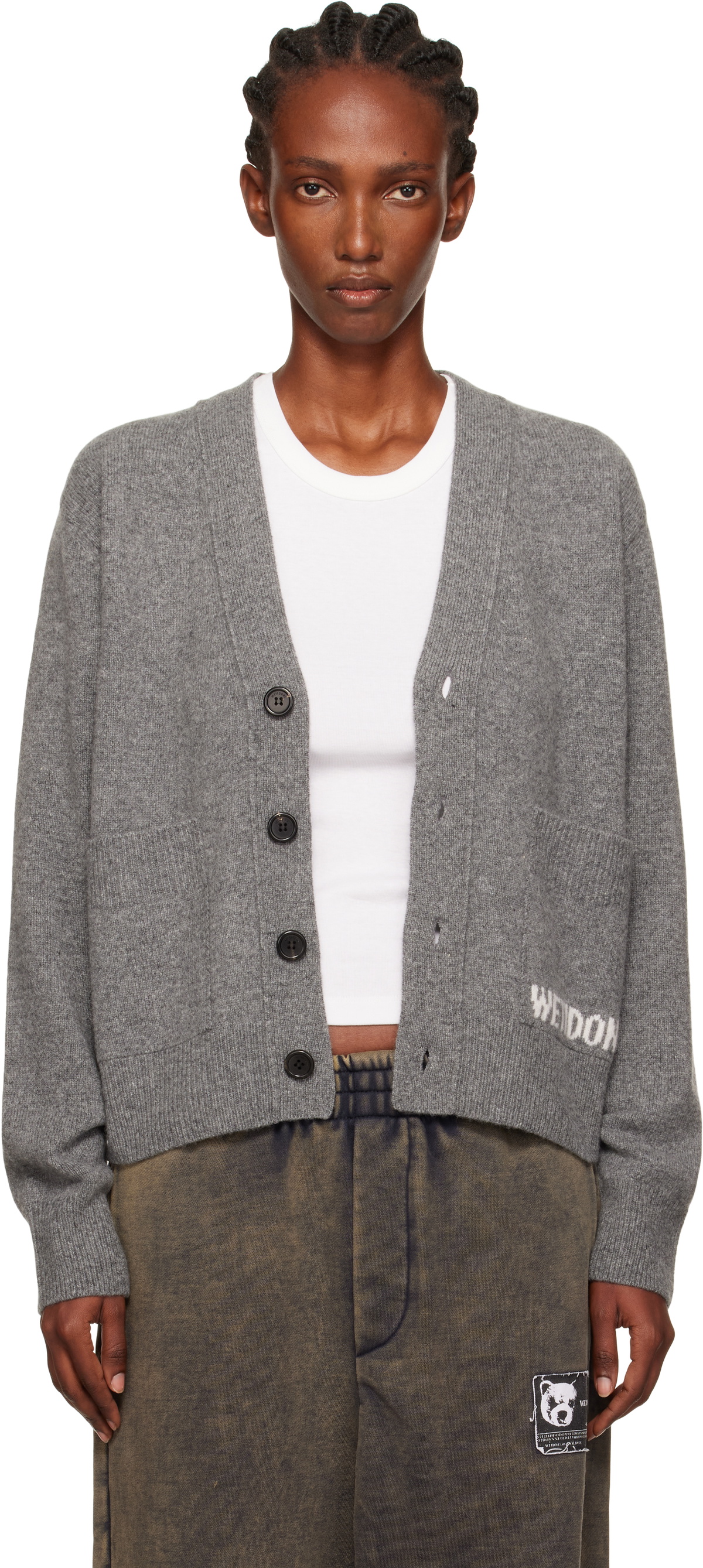 We11done Gray Pocket Logo Knit Cardigan