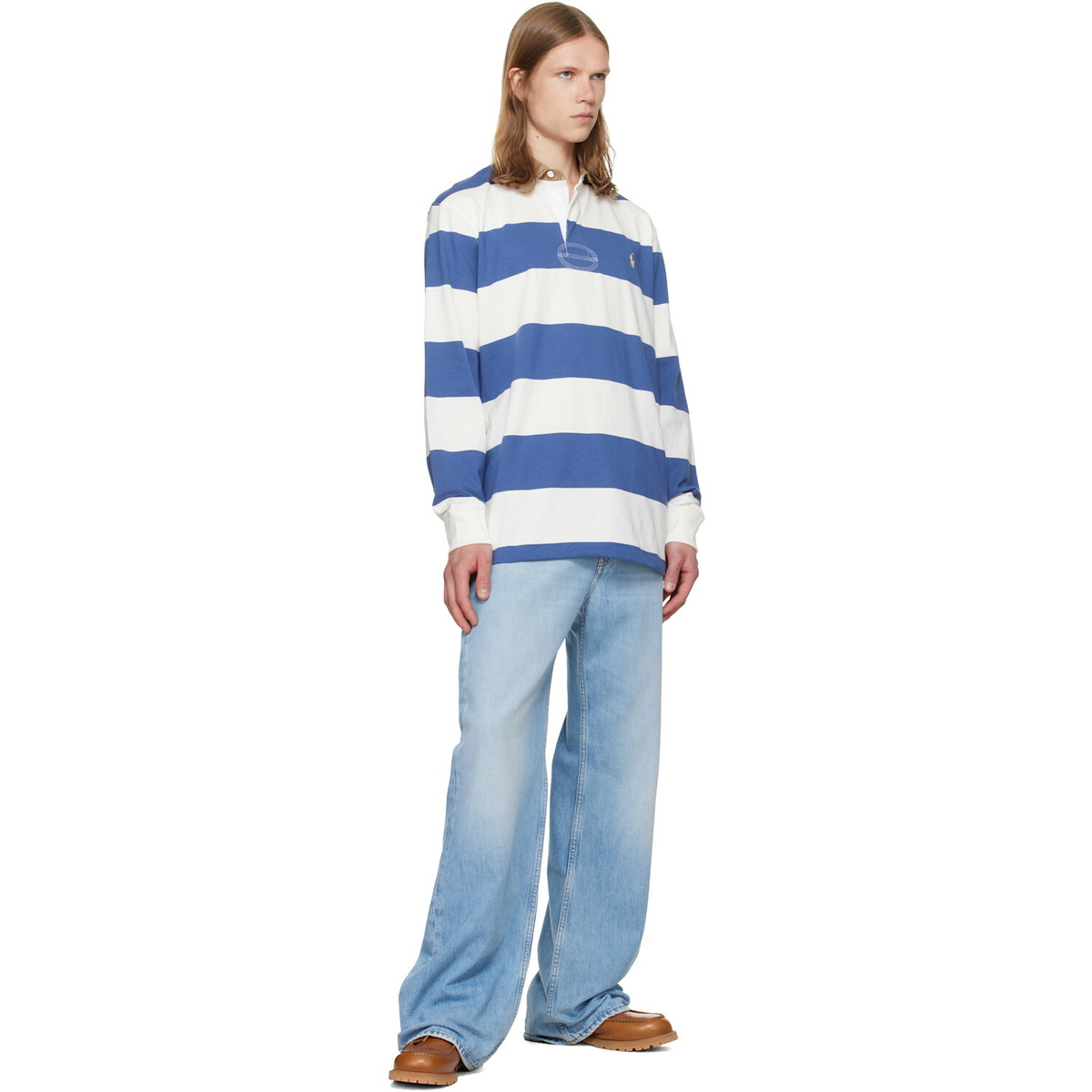 Polo Ralph Lauren White & Navy Classic Fit Khaki-Collar Rugby Polo