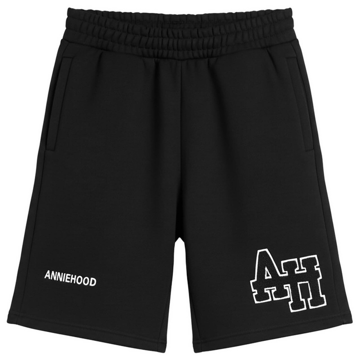 Photo: ANNIE HOOD Men's College Sweat Shorts in Black/Black