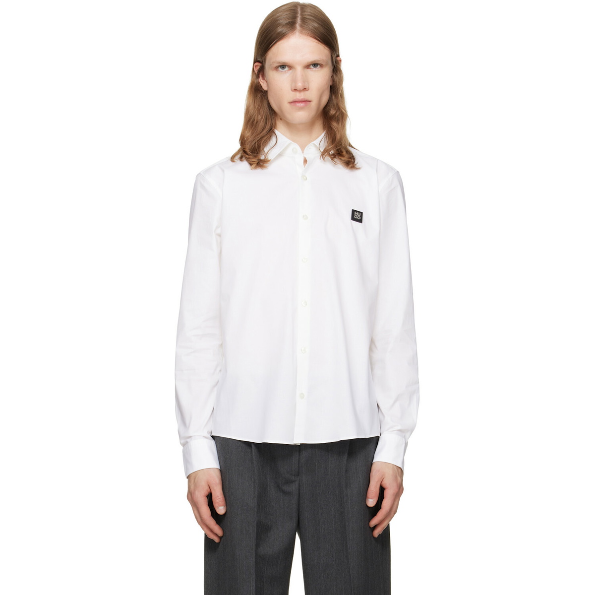Hugo White Stretch-Cotton Canvas Slim-Fit Shirt