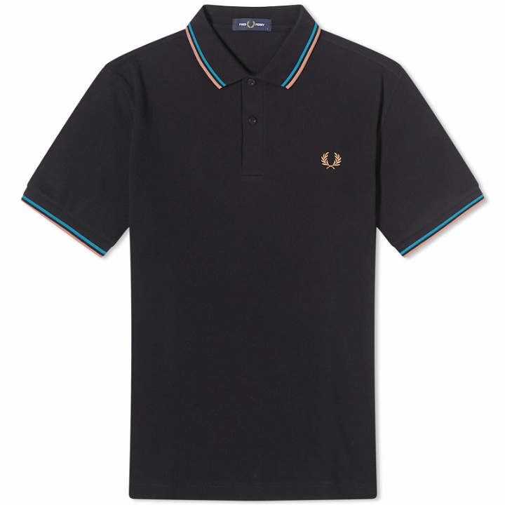 Photo: Fred Perry Men's Slim Fit Twin Tipped Polo Shirt in Blue/Cyber Blue/Light Rust