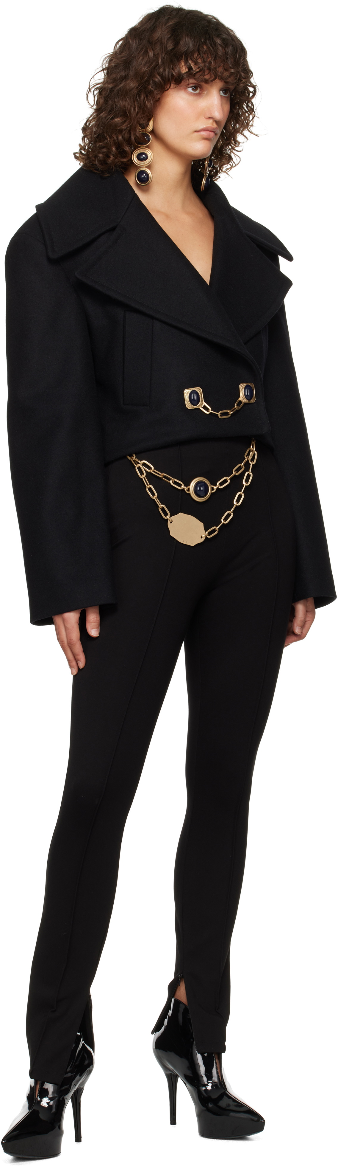 AREA Black Gemstone Button Cropped Peacoat