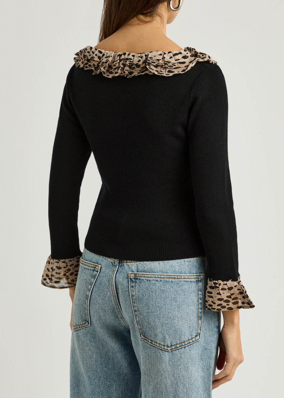 Rixo Laurel Leopard-trimmed Wool Cardigan Black