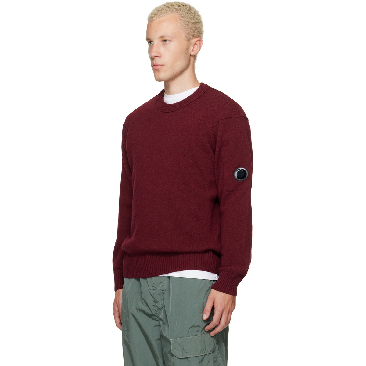 C.P. Company Burgundy Lambswool Lens Crewneck Contrast Sweater