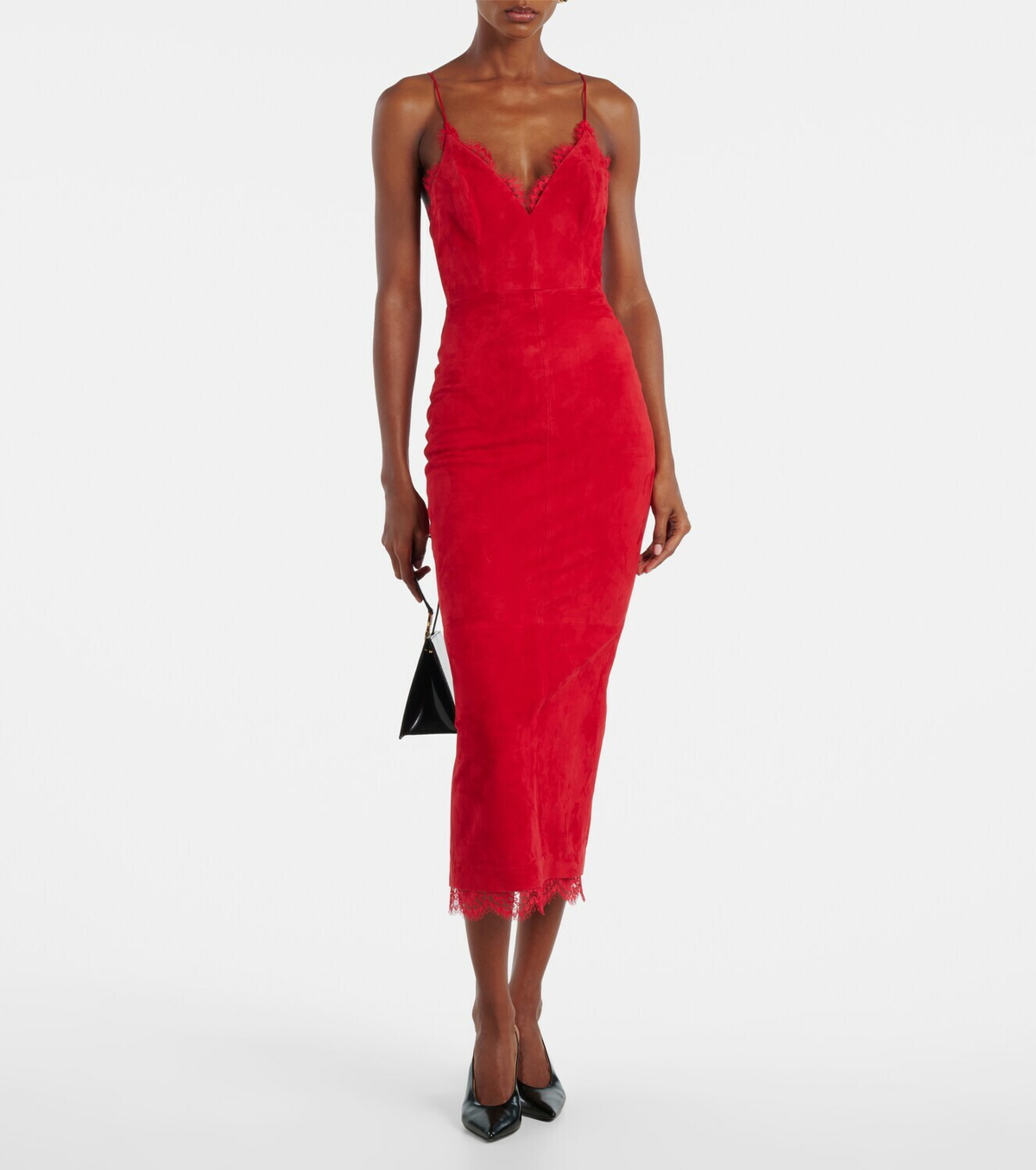 Alex Perry Lace-trimmed suede midi dress