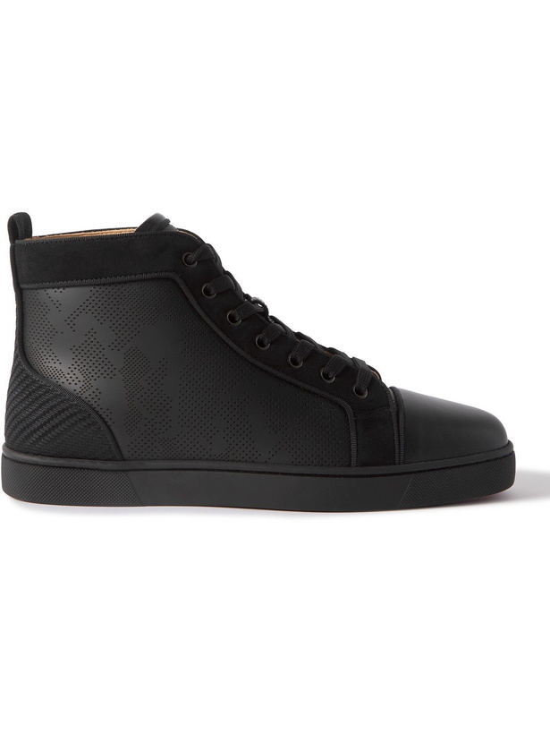 Photo: CHRISTIAN LOUBOUTIN - Louis Orlato Grosgrain-Trimmed Perforated Leather High-Top Sneakers - Black