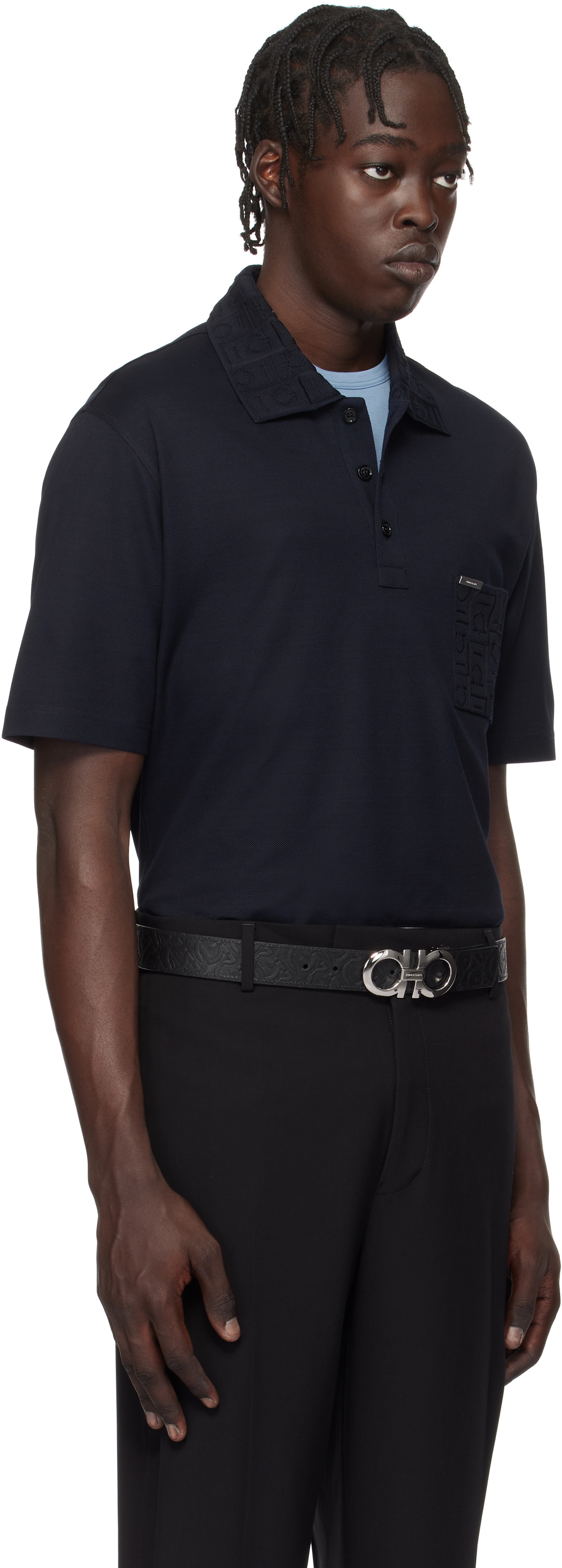 Ferragamo Navy Jacquard Pocket Polo