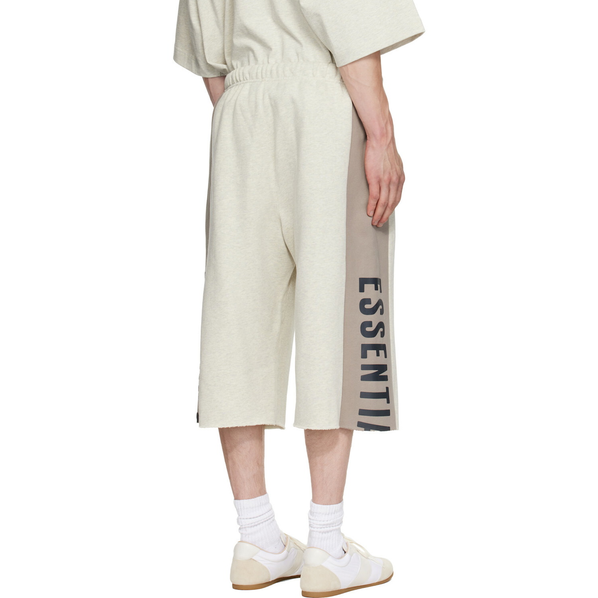 Fear of God ESSENTIALS Beige & Gray Panelled Raw Cut Off Sweat Shorts