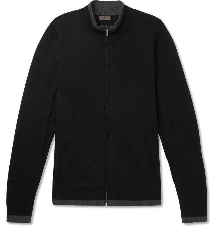 Photo: Zimmerli - Contrast-Tipped Cotton and Cashmere-Blend Zip-Up Cardigan - Black