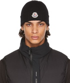 Moncler Black Wool Rib Knit Logo Beanie