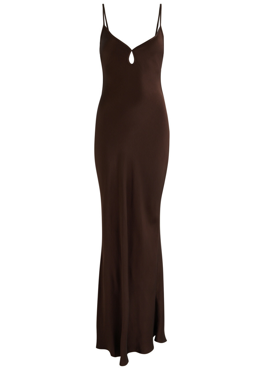 dark brown satin maxi dress Chocolate Brown Satin Bandeau Arden Maxi Dress main image 0