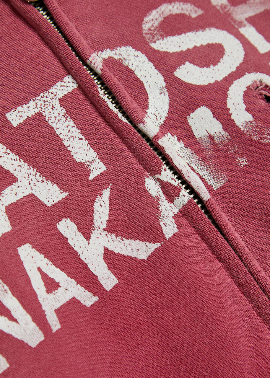 Satoshi Nakamoto Luke Printed Hooded Distressed Cotton Sweatshirt Burgundy