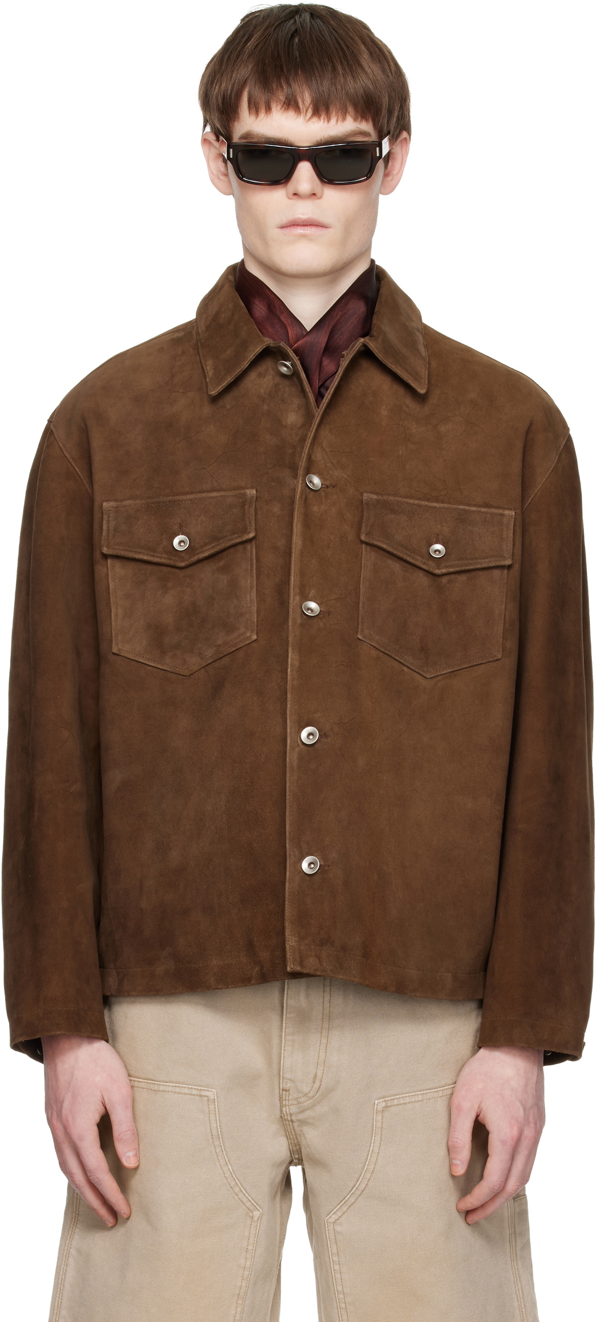COOR Brown Pocket Trucker Leather Jacket COOR