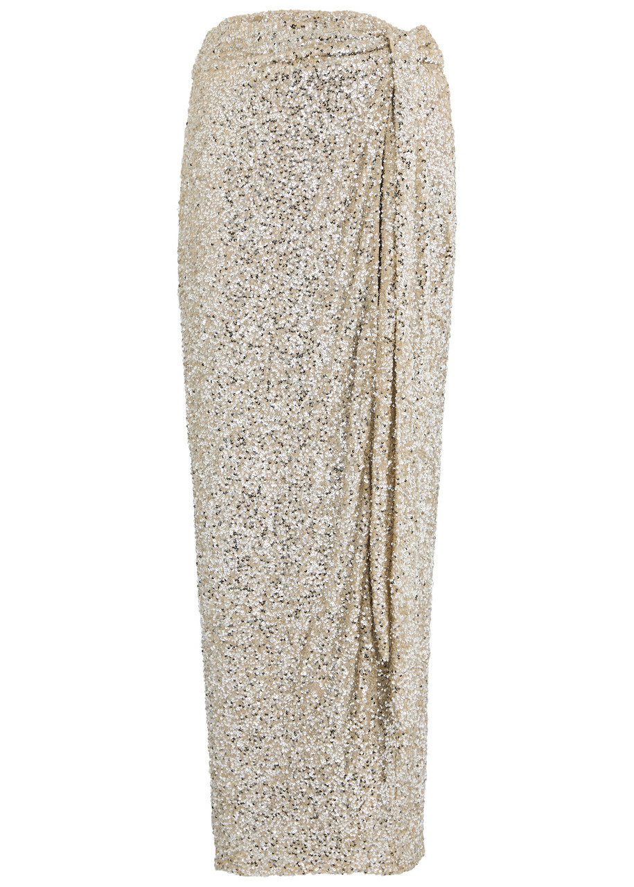 Never Fully Dressed Jaspre Sequin Midi Wrap Skirt Silver