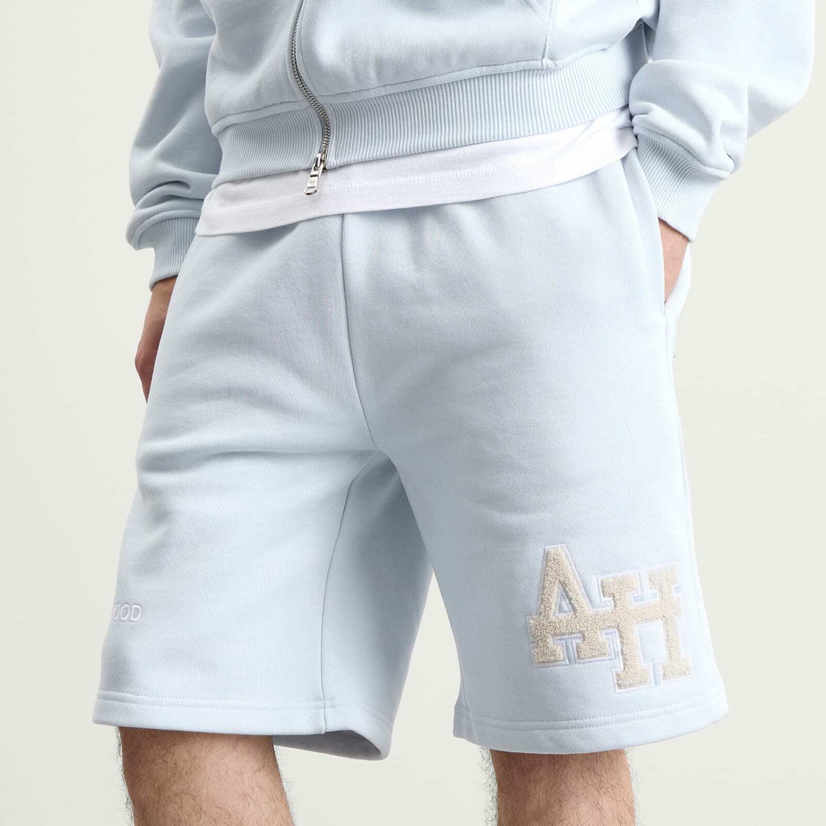 ANNIE HOOD Men's College Sweat Shorts in Baby Blue/White