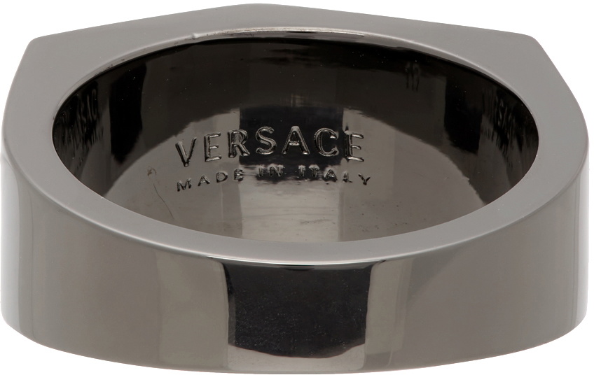 Versace Gunmetal Logo Debossed Ring Versace