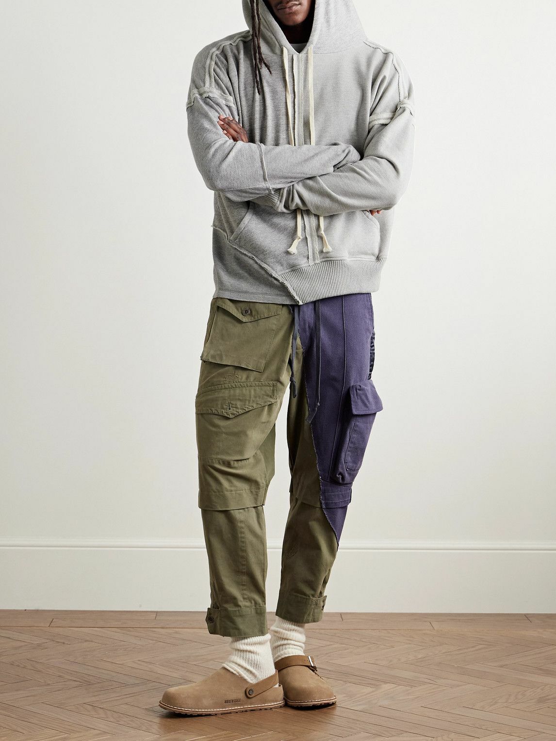 Greg Lauren - Panelled Cotton-Jersey and Waffle-Knit Hoodie - Gray