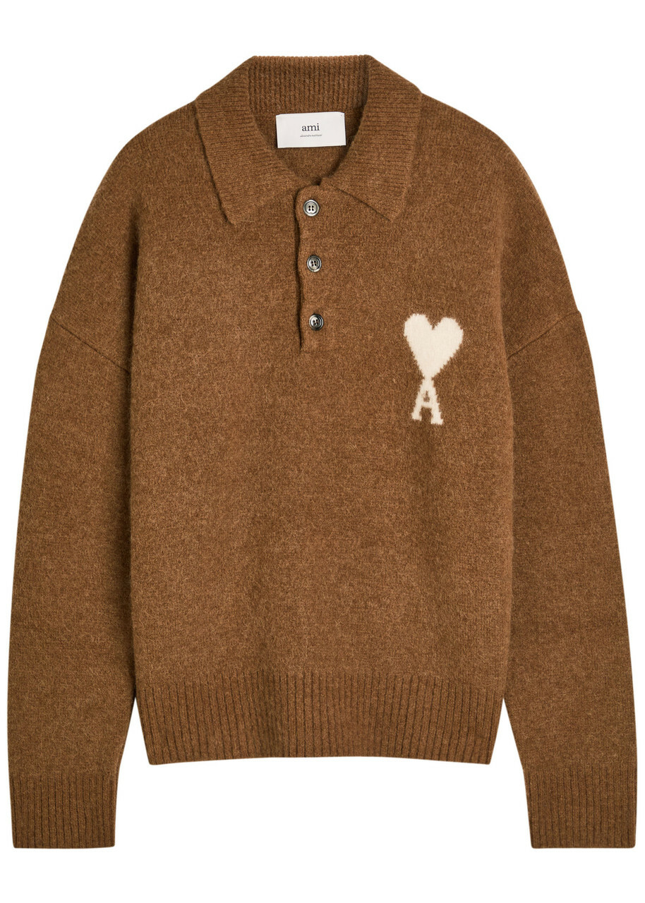 Ami Paris Logo-intarsia Alpaca-blend Polo Jumper Brown