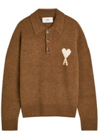 Ami Paris Logo-intarsia Alpaca-blend Polo Jumper Brown
