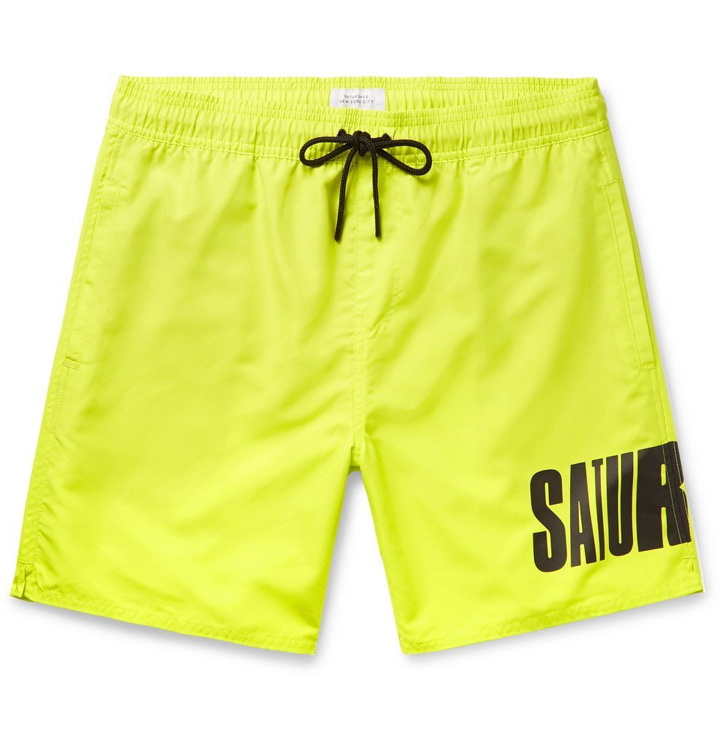 Photo: Saturdays NYC - Wide-Leg Long-Length Logo-Print Swim Shorts - Chartreuse