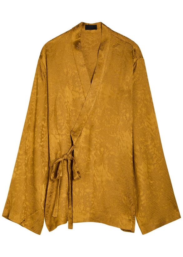 Photo: Delos Tao Textured Jacquard Satin Wrap Shirt Bronze