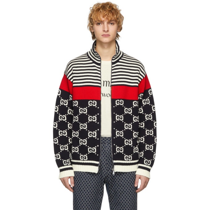 Photo: Gucci Navy and Off-White Knit GG Stripe Zip-Up Jacket