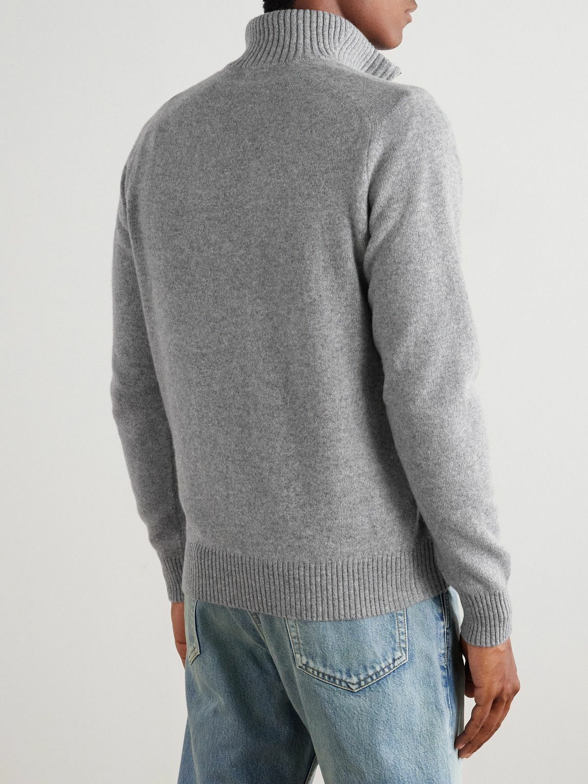 TOM FORD - Leather-Trimmed Wool and Cashmere-Blend Half-Zip Rollneck Sweater - Gray